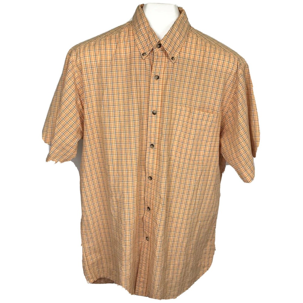 PLANKS Mens Short‎ Sleeve Button Front Orange Checkered Shirt Size Large